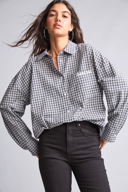 Girl Oversize Fit Cotton Checkered Long Sleeve Waffle Shirt (3)