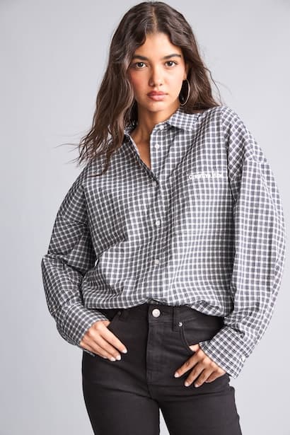 Girl Oversize Fit Cotton Checkered Long Sleeve Waffle Shirt (4)