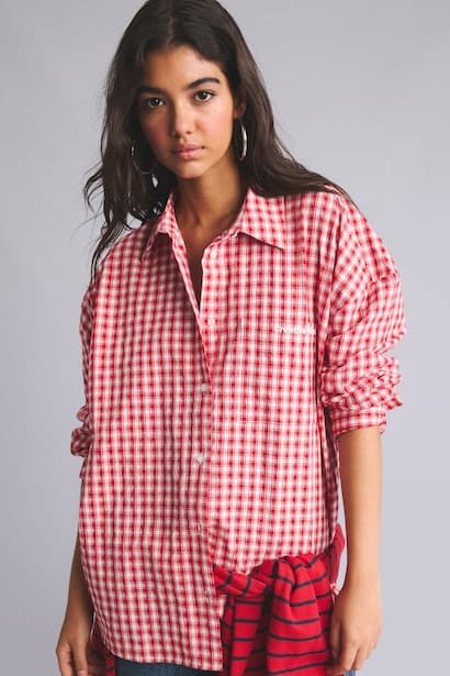 Woman Oversize Fit Red 100% Cotton Checkered Long Sleeve Shirt