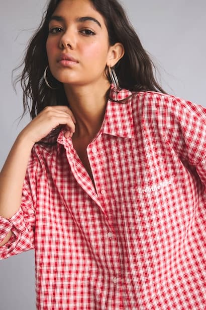 Woman Oversize Fit Red 100% Cotton Checkered Long Sleeve Shirt (٣)