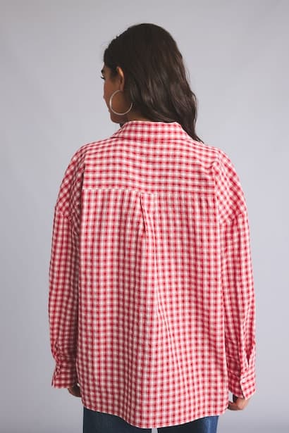 Woman Oversize Fit Red 100% Cotton Checkered Long Sleeve Shirt (٤)