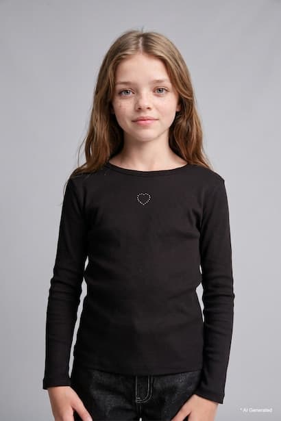 Girl Fitted Fit Heart Print Crew Neck Long Sleeve T-Shirt
