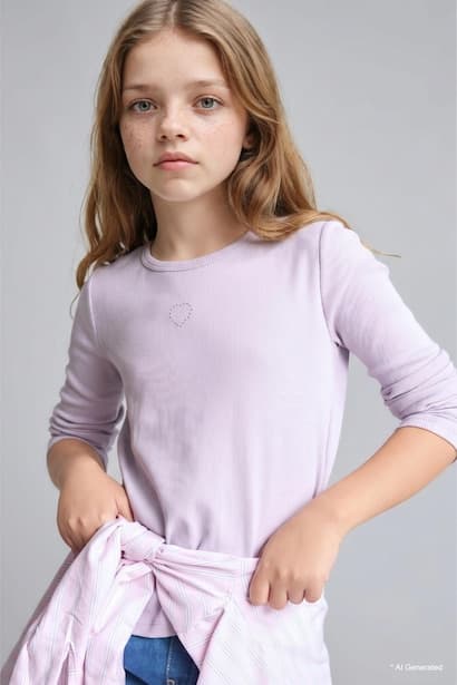 Girl Fitted Fit Heart Print Crew Neck Long Sleeve T-Shirt