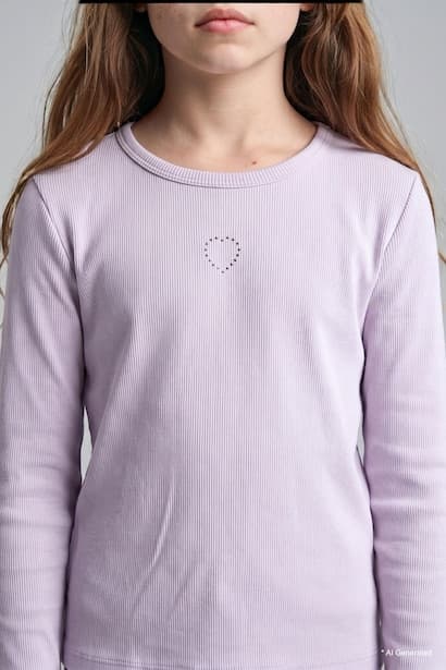 Girl Fitted Fit Heart Print Crew Neck Long Sleeve T-Shirt (٣)