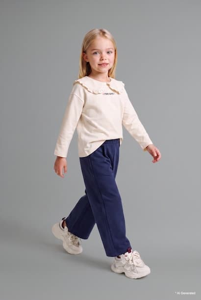 Girl 100% Cotton Long Sleeve Top and Wide Leg Elastic Waist Bottom Set