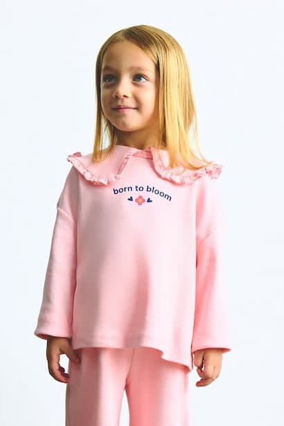 Baby Girl Light Pink 100% Cotton Peter Pan Collar Top and Pants Set (٣)