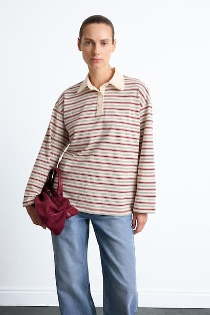 Relaxed Fit Striped Polo Collar Long Sleeve T-Shirt
