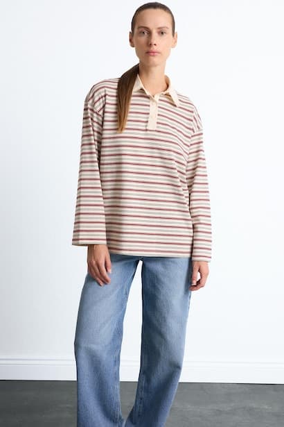 Relaxed Fit Striped Polo Collar Long Sleeve T-Shirt Modest (٣)
