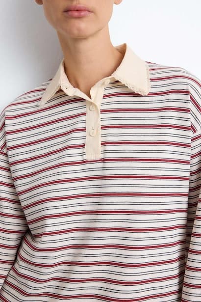 Relaxed Fit Striped Polo Collar Long Sleeve T-Shirt Modest (٤)