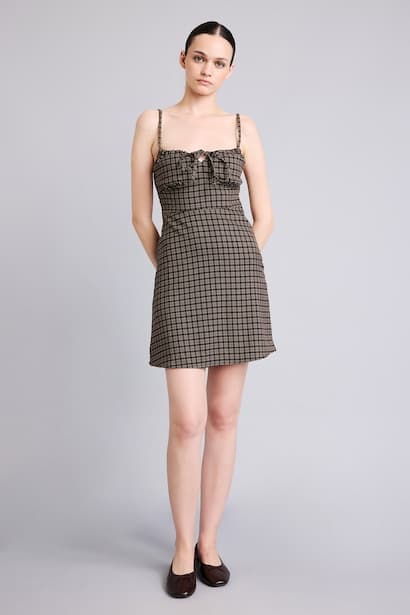 Checked Mini Strappy Dress with Square Neck