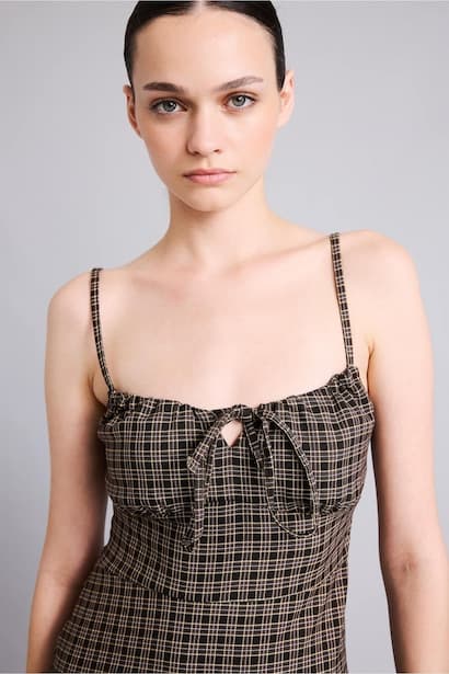 Checked Mini Strappy Dress with Square Neck (٣)