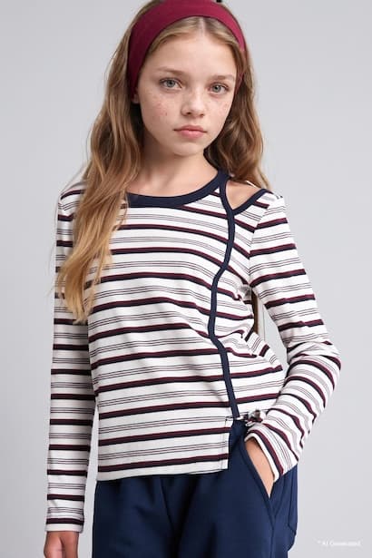 Girl Long Sleeve Ribbed Striped Shoulder Detail T-shirt