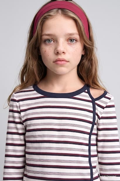 Girl Long Sleeve Ribbed Striped Shoulder Detail T-shirt (٣)