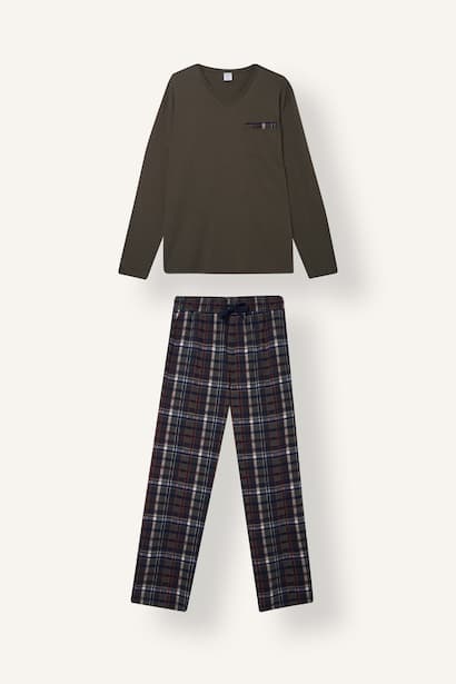 100% Cotton V-Neck Plaid 2 Piece Pyjama Set Homewear
