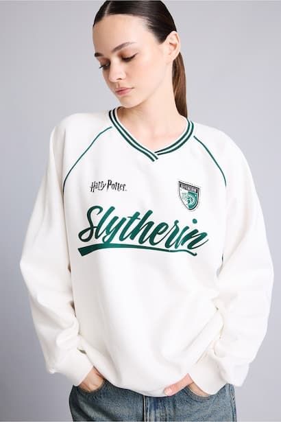 Oversize Fit Thick Fabric Printed Harry Potter V-Neck Raglan Sleeve Sweatshirt Knitwear