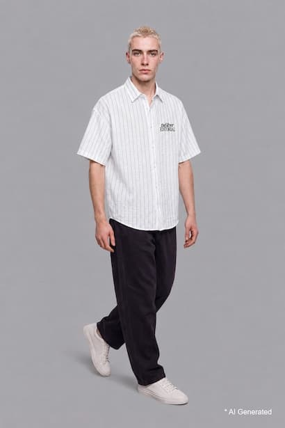 Boxy Fit Shirt Collar Striped Crinkle Short Sleeve Shirt (٣)