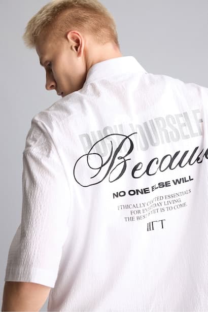 Boxy Fit Printed Wrinkle Textured Short Sleeve White Shirt