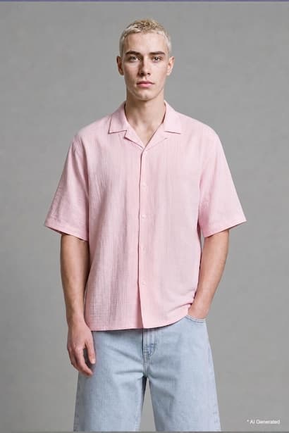 Boxy Fit Embroidered Muslin Short Sleeve Pink Shirt (٣)
