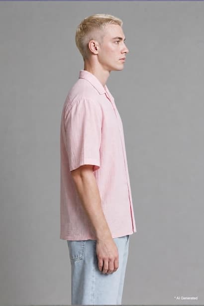 Boxy Fit Embroidered Muslin Short Sleeve Pink Shirt (٤)