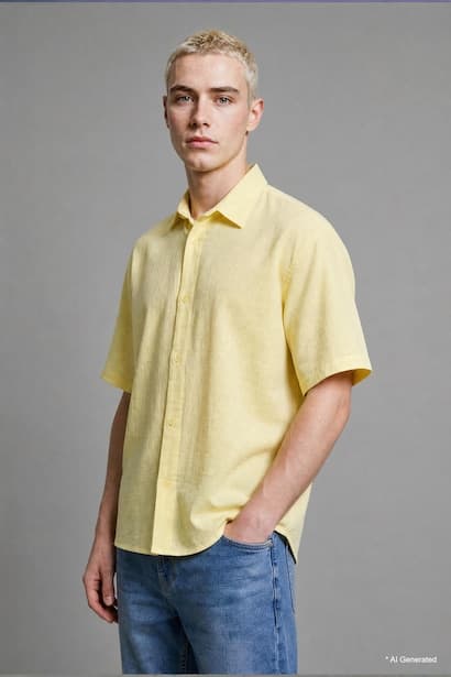 Boxy Fit Embroidered Muslin Short Sleeve Yellow Shirt