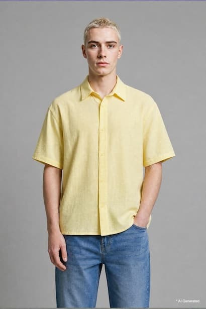 Boxy Fit Embroidered Muslin Short Sleeve Yellow Shirt (٣)