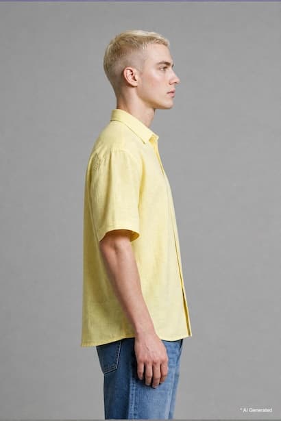 Boxy Fit Embroidered Muslin Short Sleeve Yellow Shirt (٤)