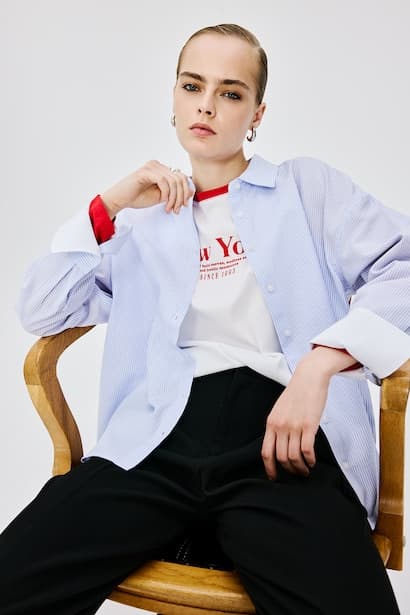 Oversize Fit Light Blue Striped Oxford Long Sleeve Shirt