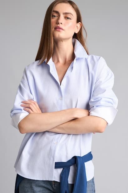 Oversize Fit Light Blue Striped Oxford Long Sleeve Shirt (٣)