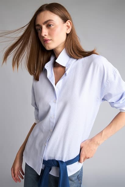 Oversize Fit Light Blue Striped Oxford Long Sleeve Shirt (٤)