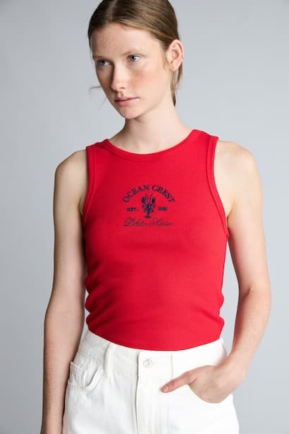Fitted Printed Crew Neck Ribbed Tank Top