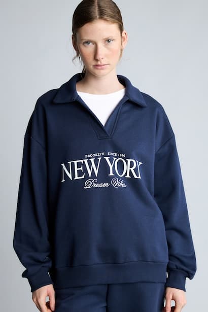 Relaxed Fit Thick Polo Collar Printed Sweatshirt