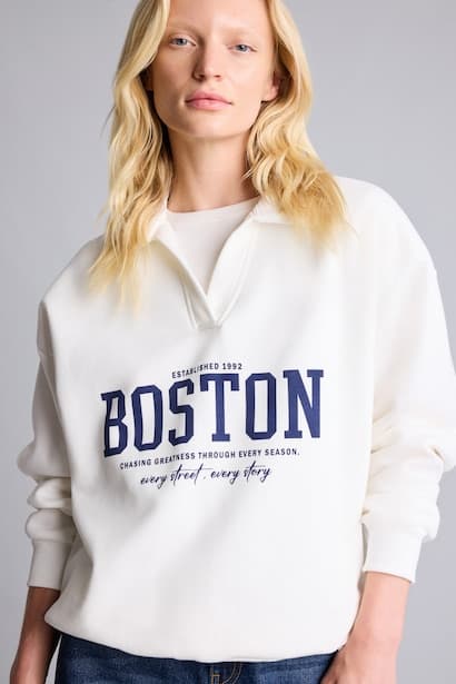 Relaxed Fit Open Polo Collar Printed Sweatshirt