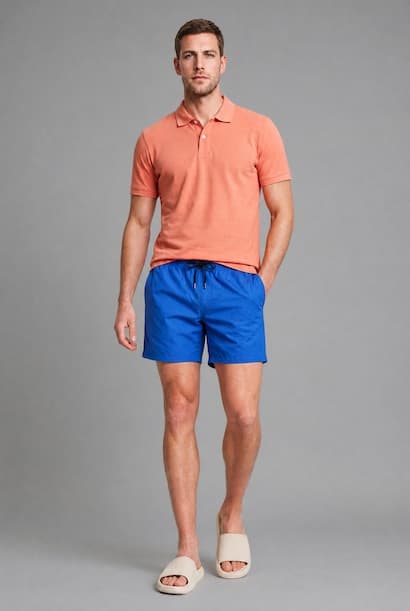 Elastic Draw Waist Blue Swim Shorts