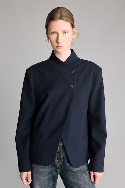 Boxy Fit Button Front Stand Collar Blazer