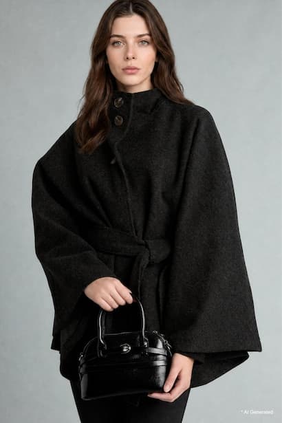 Regular Fit Stand Collar Wool-Blend Cape Sleeve Button-Up Belted Jacket