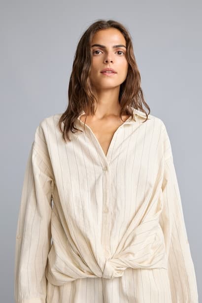 Regular Fit Striped Linen-Blend Long Sleeve Shirt (٤)