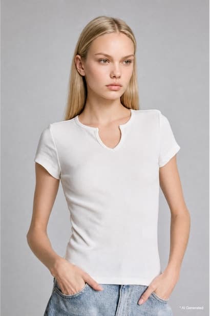 Fitted Fit Ecru Basic Short Sleeve T-Shirt (٣)