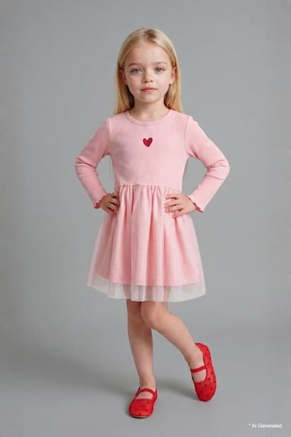 Baby Girl Cotton Embroidered Long Sleeve Ribbed Light Pink Dress