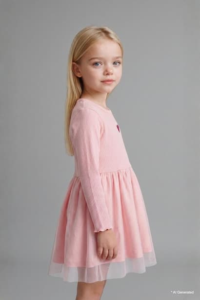 Baby Girl Cotton Embroidered Long Sleeve Ribbed Light Pink Dress (٣)