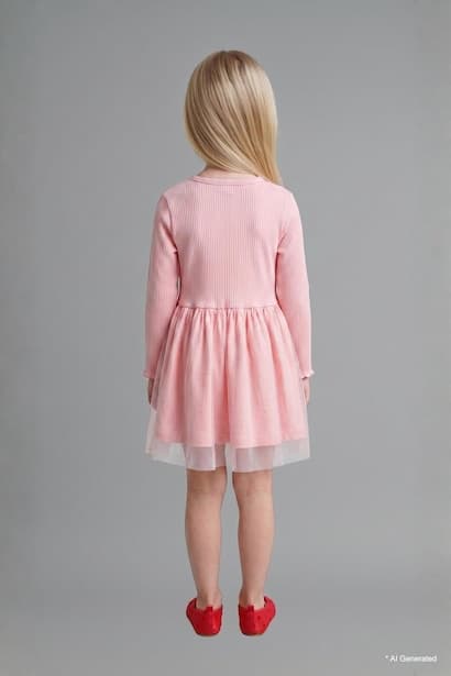 Baby Girl Cotton Embroidered Long Sleeve Ribbed Light Pink Dress (٤)
