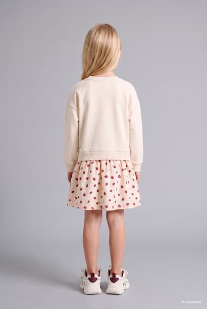 Baby Girl Floral Two-Piece Effect Long Sleeve Dress (٣)