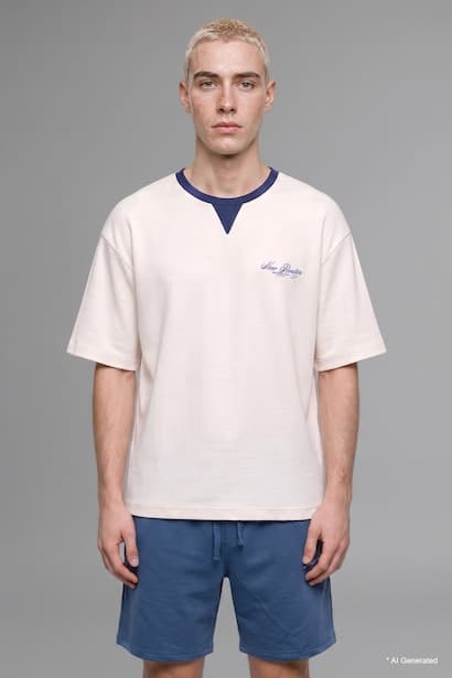 100% Cotton Boxy Fit Blue Short Sleeve Crew Neck T-Shirt