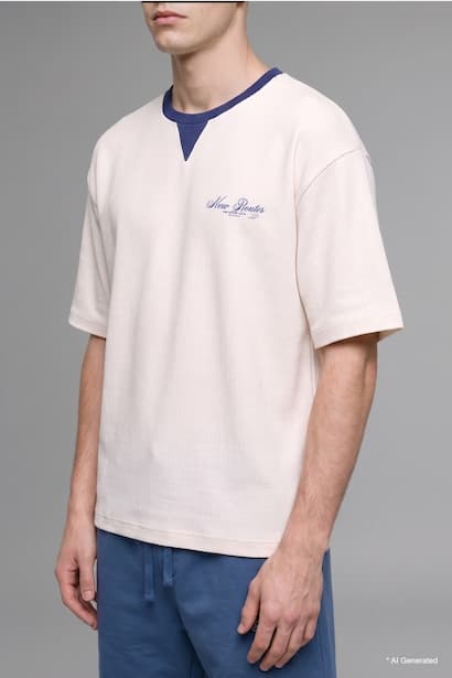 100% Cotton Boxy Fit Blue Short Sleeve Crew Neck T-Shirt (٤)