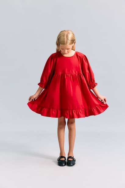 Girl Short Sleeve Poplin Red Dress (٣)