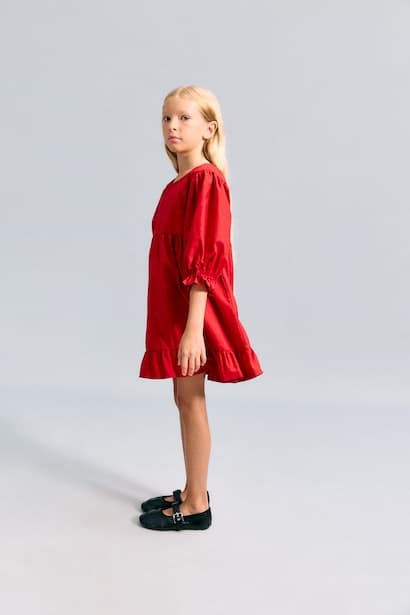 Girl Short Sleeve Poplin Red Dress (٤)