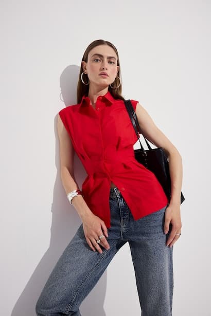 Slim Fit Shirt Collar Poplin Sleeveless Shirt