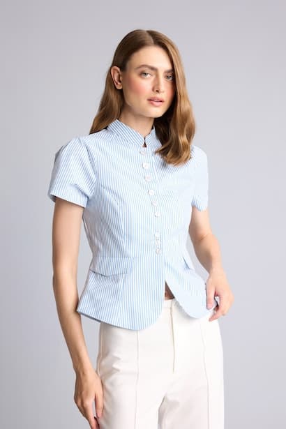 Slim Fit Tippet Poplin Striped Short Sleeve Shirt (٣)