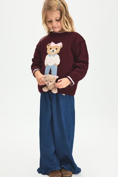 Baby Girl Heart Embroidery Ruffled Hems Wide Leg Trousers