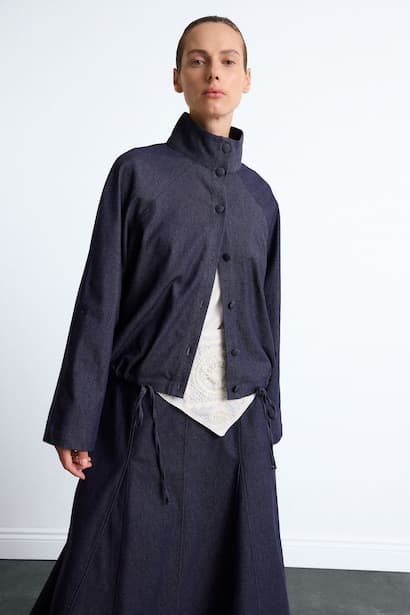 Standard Neck Gathered Regular Fit Denim Look Jacket