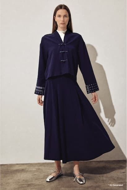 A-Line Linen Blend Midi Skirt (٣)